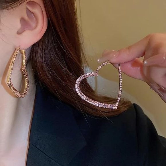Huge Rhinestone Heart Gold Hoop Earrings CZ Crystal Hearts Pave Glam Hoops New - Picture 2 of 5